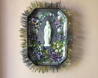 Virgin Mary wall art shrine. Mother Mary nicho. Glow in the dark.