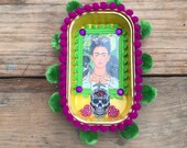 Frida Kahlo wall art. nicho tin. wall decor,shrine, upcycled, Mexican folk art inspired, assemblage, gift, wallhanging, bird, leaves