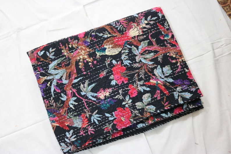 Multi BirdPrint Handmade Kantha Quilt Twin Size Bedspread Blanket Ethnic Traditional Floral Indian Bed Cover Quilt Gudari Ralli Picnic Throw
