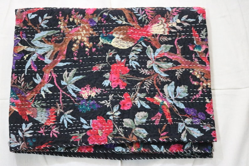 Multi BirdPrint Handmade Kantha Quilt Twin Size Bedspread Blanket Ethnic Traditional Floral Indian Bed Cover Quilt Gudari Ralli Picnic Throw