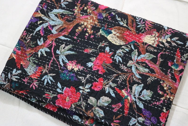 Multi BirdPrint Handmade Kantha Quilt Twin Size Bedspread Blanket Ethnic Traditional Floral Indian Bed Cover Quilt Gudari Ralli Picnic Throw