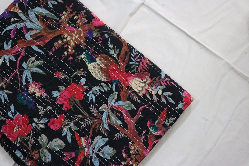 Multi BirdPrint Handmade Kantha Quilt Twin Size Bedspread Blanket Ethnic Traditional Floral Indian Bed Cover Quilt Gudari Ralli Picnic Throw