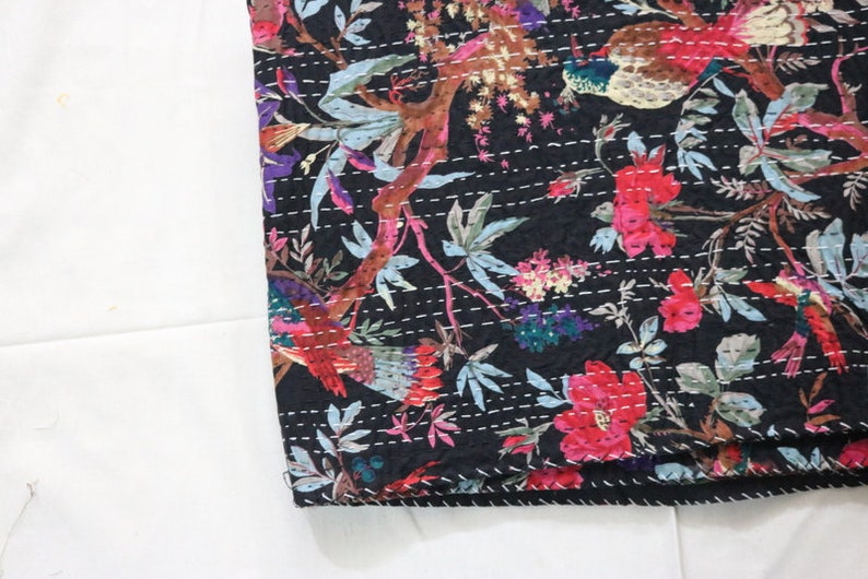 Multi BirdPrint Handmade Kantha Quilt Twin Size Bedspread Blanket Ethnic Traditional Floral Indian Bed Cover Quilt Gudari Ralli Picnic Throw