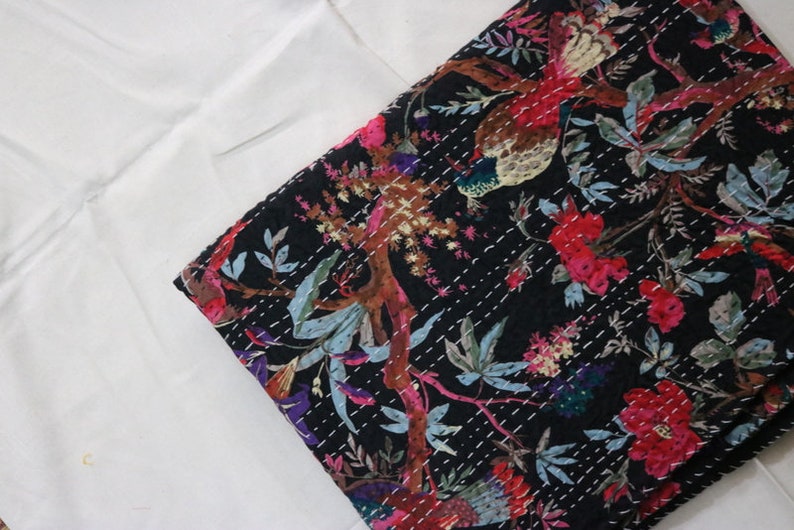 Multi BirdPrint Handmade Kantha Quilt Twin Size Bedspread Blanket Ethnic Traditional Floral Indian Bed Cover Quilt Gudari Ralli Picnic Throw