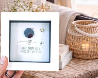 Robin Pebble Art, Framed Memorial Gift, Handmade in Cornwall
