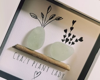 Plant lover gift, sea glass gift, plant seaglass pebble art, gift for her, succulent pebble art, friendship gift, Cornwall, birthday gift