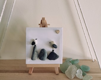 Seagull pebble mini canvas home decor, beach decor, beach lover gift, Gift for her, pebble art frame, birthday gift, made in Cornwall