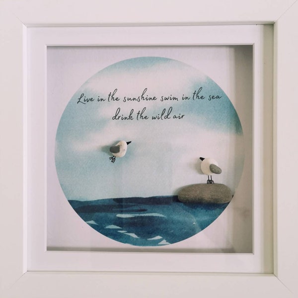 Seagull pebble art gift, pebble art, beach décor, pebble art frame, made in Cornwall, framed pebble, good vibes gift, quirky quotes gift,