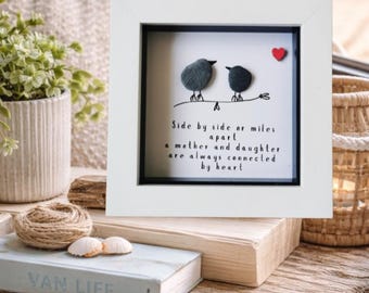 Mum and Daughter Pebble Art Gift: Cornish Beach Birds in Box Frame