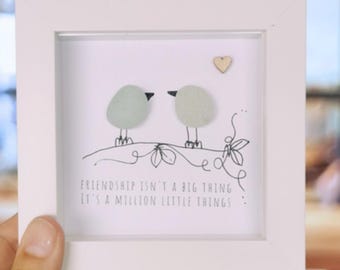 Seaglass Bird Friend Gift, Cornish Pebble Art Box Frame