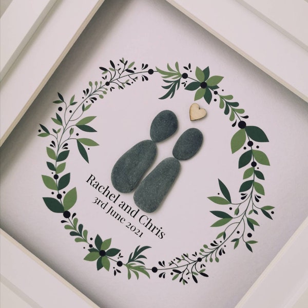 Wedding pebble picture with names and date, Couple wedding gift, Personalised wedding gift, pebble art, pebble art, made in Cornwall,