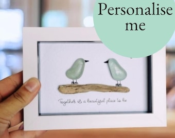 Seaglass Bird Pebble Art, Wedding Anniversary Gift, Framed Cornish Seaglass