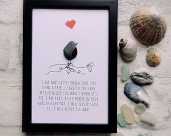 Robin pebble art, framed Robin pebble art, memorial gift, Friend Gift, pebble art gift, friend pebble frame, memorial gift, Robins appear,