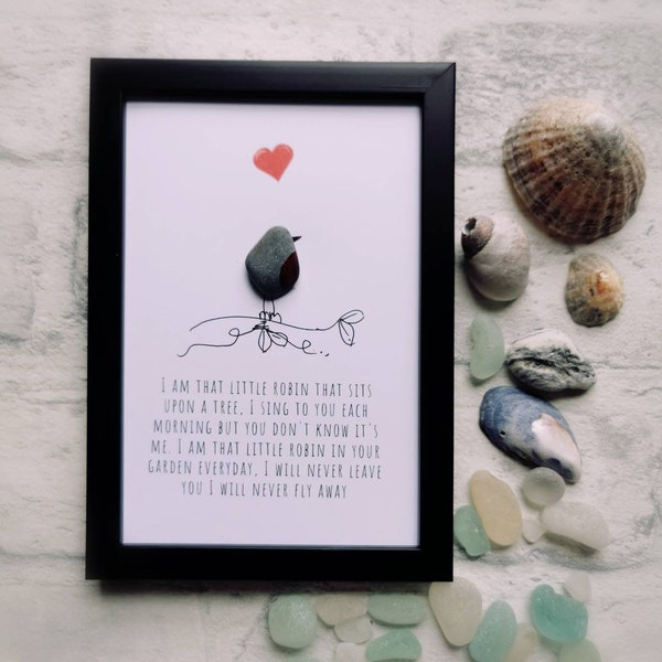 Robin pebble art, framed Robin pebble art, memorial gift, Friend Gift, pebble art gift, friend pebble frame, memorial gift, Robins appear,