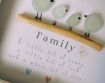 Framed Sea Glass Family Birds Art: Coastal Pebble Picture