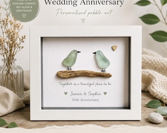 Seaglass Bird Pebble Art, Wedding Anniversary Gift, Framed Cornish Seaglass