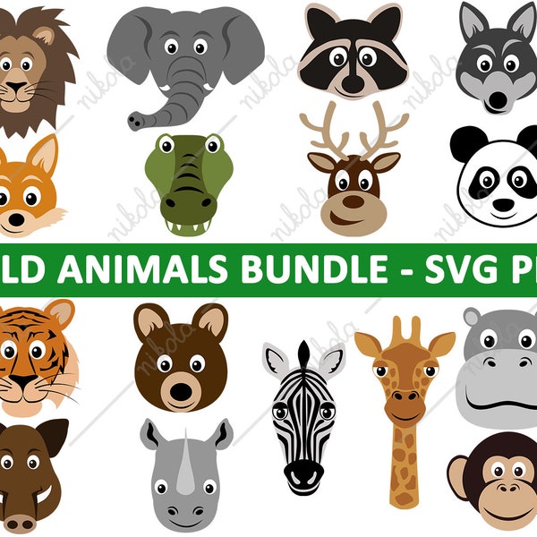 Animaux sauvages SVG PNG Bundle Clipart, ensemble, pour Cricut, caricatural, Lion, tigre, éléphant, loup, zèbre, rhinocéros, hippopotame, ours, panda, renard, singe