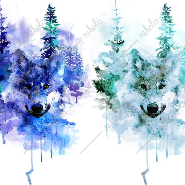 Wolf Watercolor Forest Sublimation, Clipart, PNG, JPG