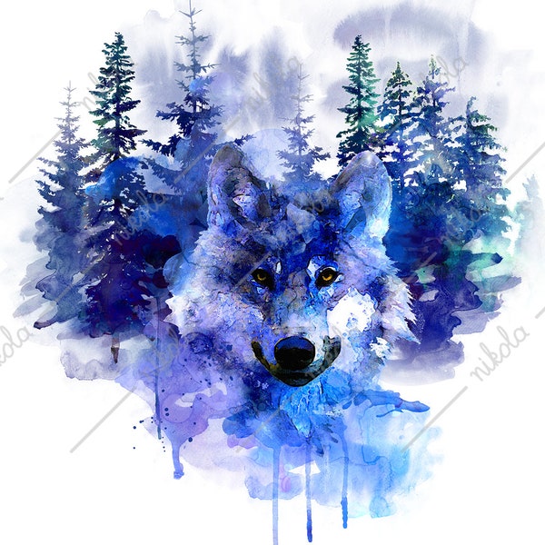 Wolf Watercolor Forest Sublimation, Clipart, PNG, JPG