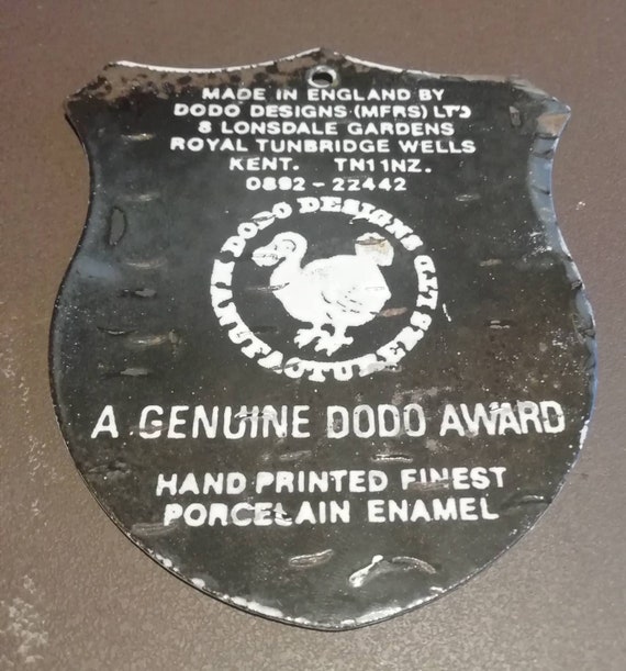 MFRS NEIL VINTAGE DODO DESIGNS PORCELAIN ENAMEL NAME PLATE