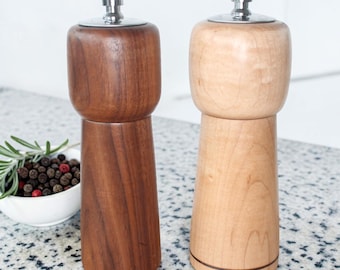 Hand-Turned Wooden Salt Shaker Pepper Grinder Set | Rustic Kitchenware, Artisan Culinary Tools