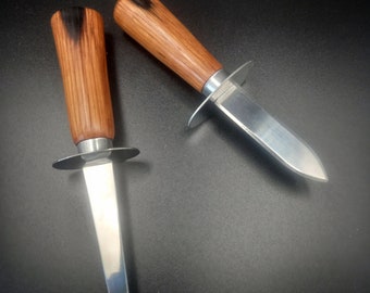 Oyster shucking knife with oak whiskey barrel handle