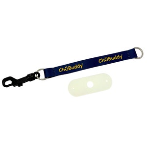 May include: A blue lanyard with the text "ChüBuddy" printed in yellow. The lanyard has a black clip and a white plastic tag with a hole in the center.