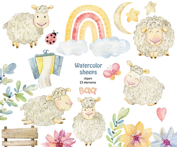 Digital Design Digital Files Watercolor Art| Cute Sheep with Flower Wreath File Instant Download