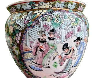 Fioriera vintage cinese Famille Rose con medaglione per pesci Koi
