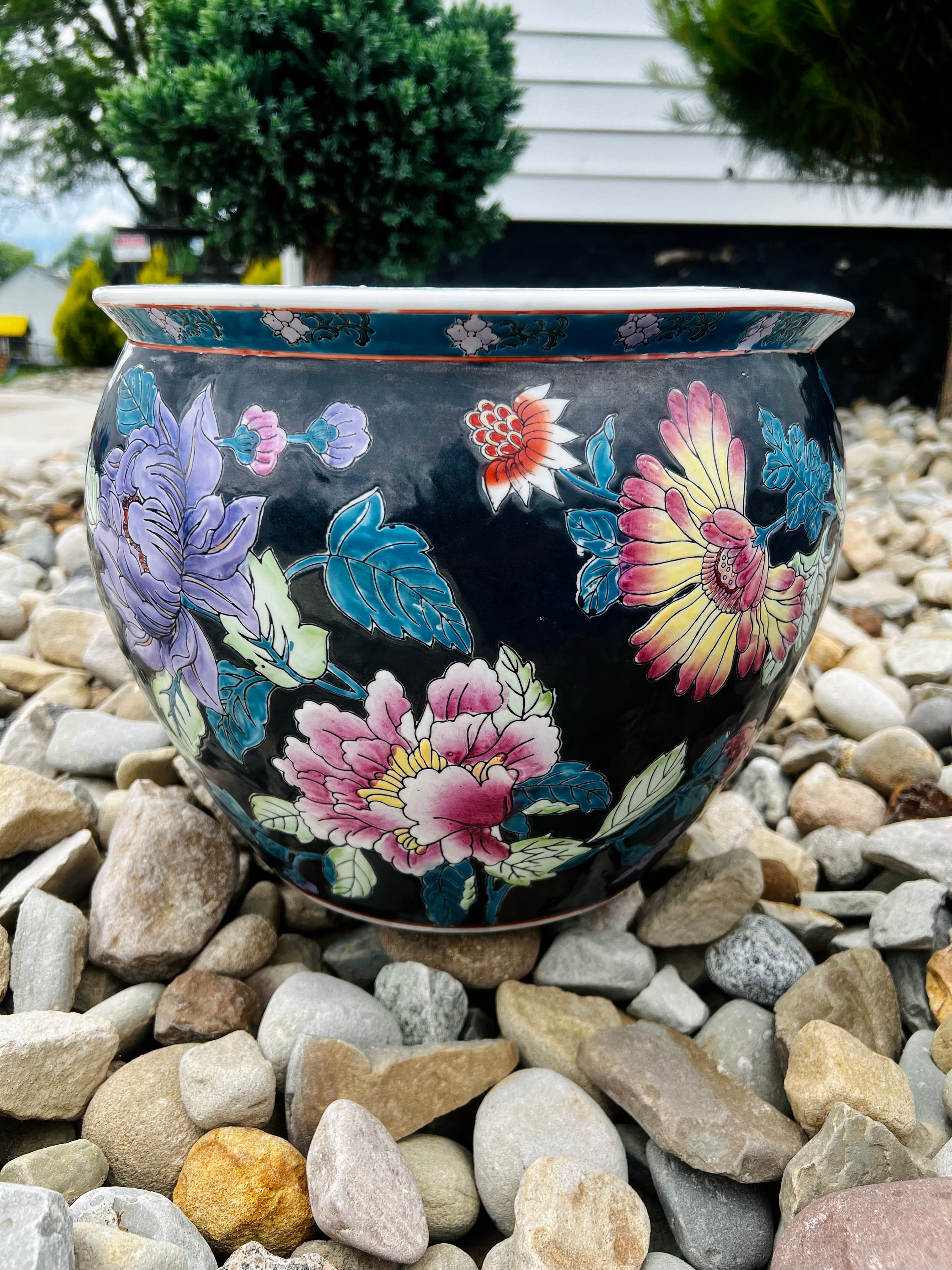 Large Black Floral Chinoiserie Porcelain Asian Koi Fish Bowl