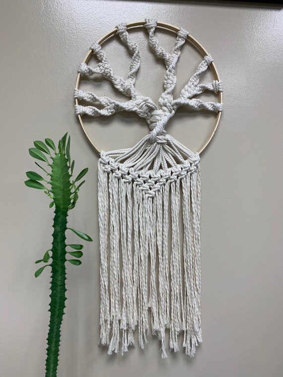 purple wood beads hemp Tree of Life Macrame Wall Hanging with lepidolite healing crystal 32cm x 75cm natural cotton purple feathers.