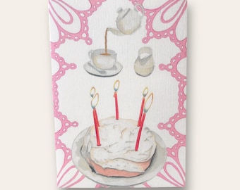 Tea and cake cards - Tea lovers Birthday card - Tea party Invitation card - Gift for her - Handmade & blank inside