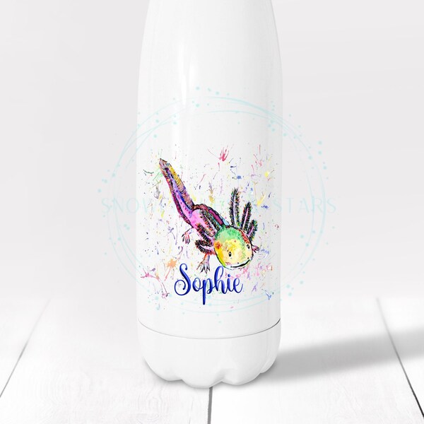 May include: White stainless steel water bottle with a colorful watercolor axolotl illustration and the name "Sophie" printed on the front.