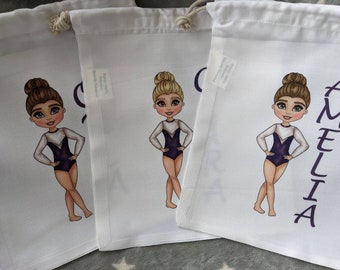 Personalised gymnastics drawstring bag, white,  25cm x 30cm, with choice of 36 gymnasts. Blue, white silver leotard.