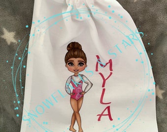 Personalised gymnastics drawstring bag, white,  25cm x 30cm, with choice of 36 gymnasts. Pastel pink leotard.