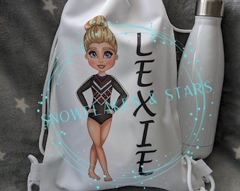 Personalised gymnastics drawstring gymsac, PE bag, backpack, white, choice of 36 gymnasts. Black, red, blue and silver leotard.