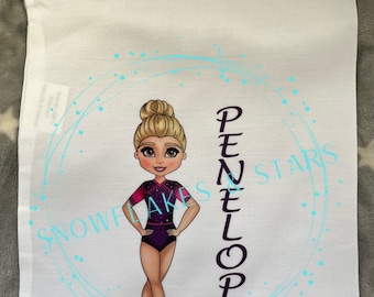 Personalised gymnastics drawstring bag, white,  25cm x 30cm, with choice of 36 gymnasts. Pink and purple leotard.