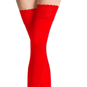 NEW Lace Top 80 Denier Sheer Hold-Ups Stockings by Sentelegri ,9 Various Colours Sizes S-XL Red