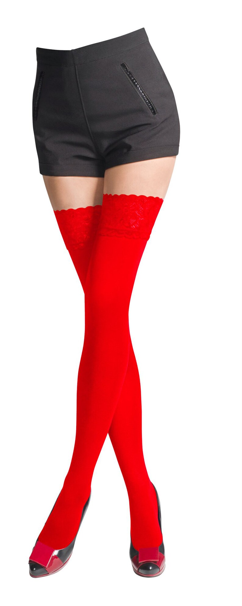 NEW Lace Top 80 Denier Sheer Hold-Ups Stockings by Sentelegri ,9 Various Colours Sizes S-XL Red