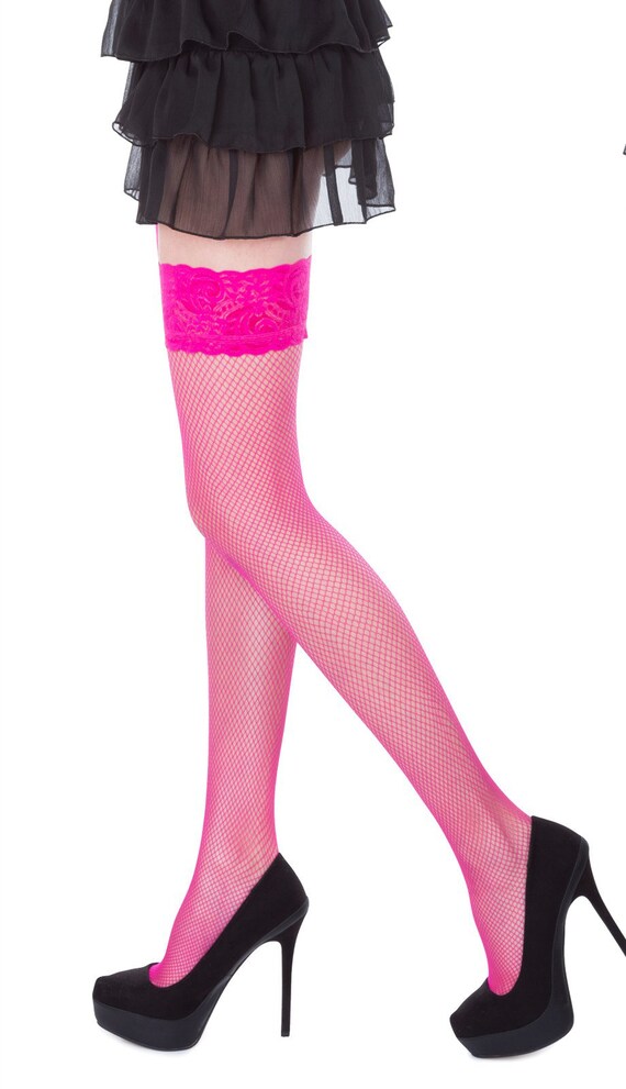 Women's Hot Pink Lace Top Thigh High Fishnet Stockings