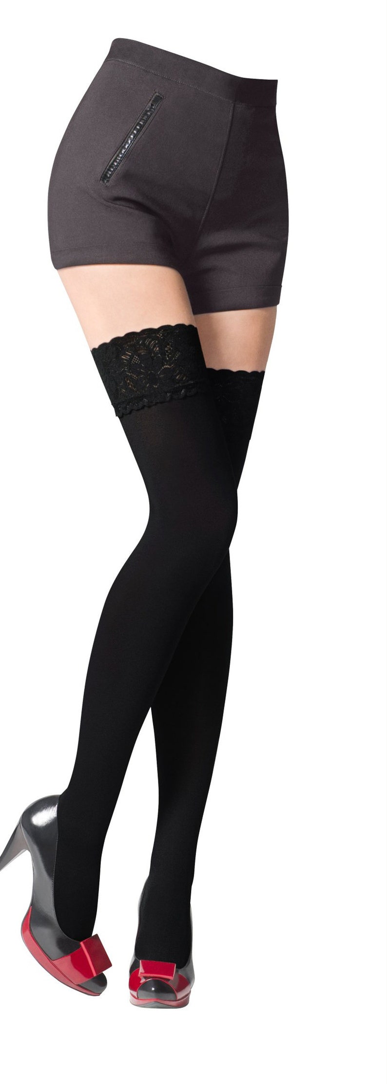 NEW Lace Top 80 Denier Sheer Hold-Ups Stockings by Sentelegri ,9 Various Colours Sizes S-XL Black