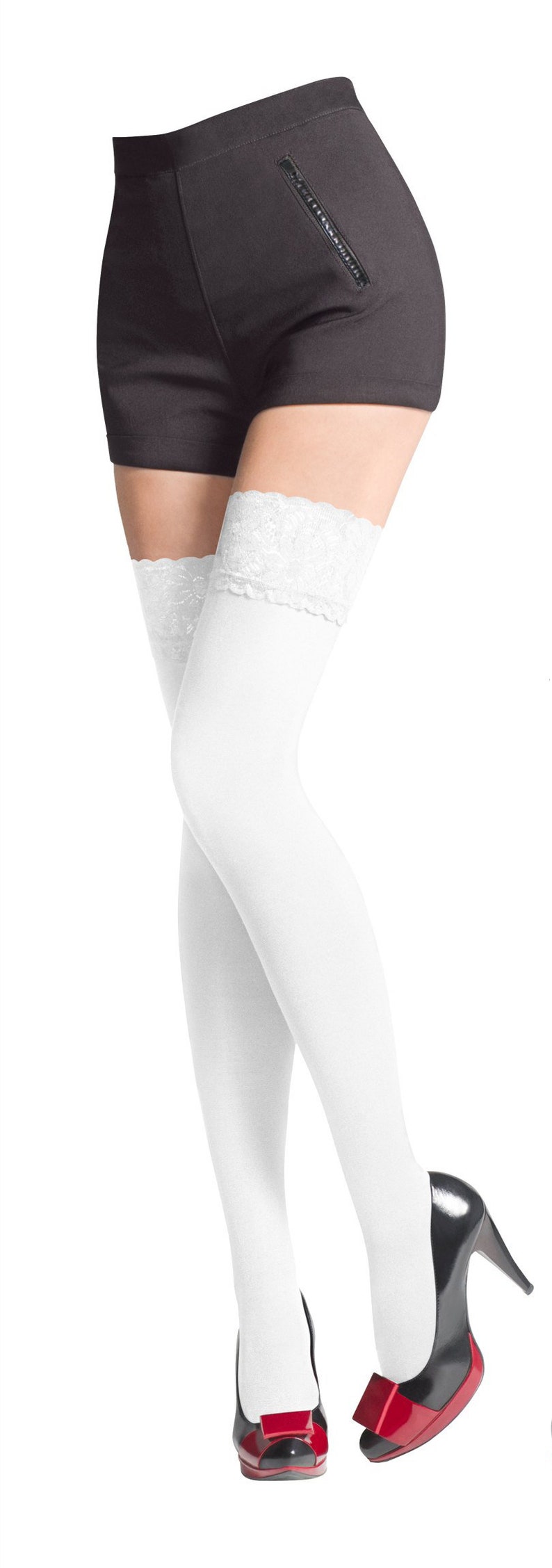 NEW Lace Top 80 Denier Sheer Hold-Ups Stockings by Sentelegri ,9 Various Colours Sizes S-XL White