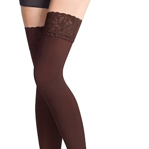 NEW Lace Top 80 Denier Sheer Hold-Ups Stockings by Sentelegri ,9 Various Colours Sizes S-XL Brown
