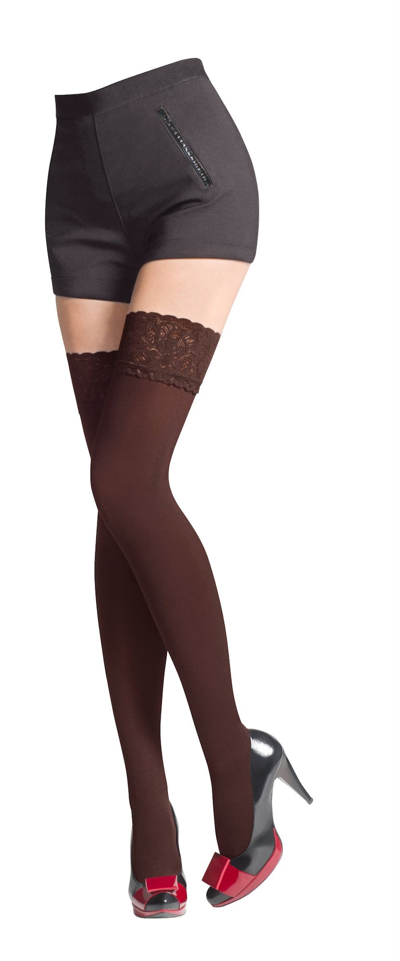 NEW Lace Top 80 Denier Sheer Hold-Ups Stockings by Sentelegri ,9 Various Colours Sizes S-XL Brown