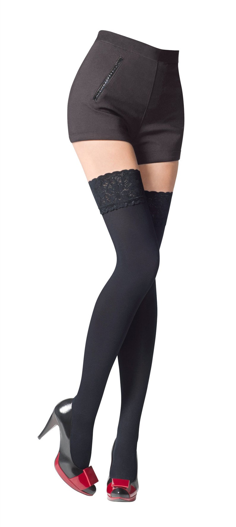 NEW Lace Top 80 Denier Sheer Hold-Ups Stockings by Sentelegri ,9 Various Colours Sizes S-XL Graphite