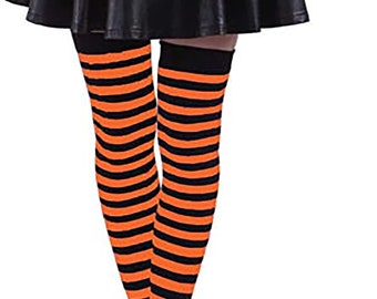 Halloween Women's Orange and Black Over Knee Long Striped Thigh High Socks