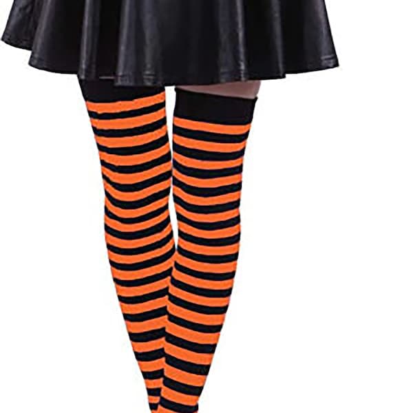Halloween Women's Orange and Black Over Knee Long Striped Thigh High Socks
