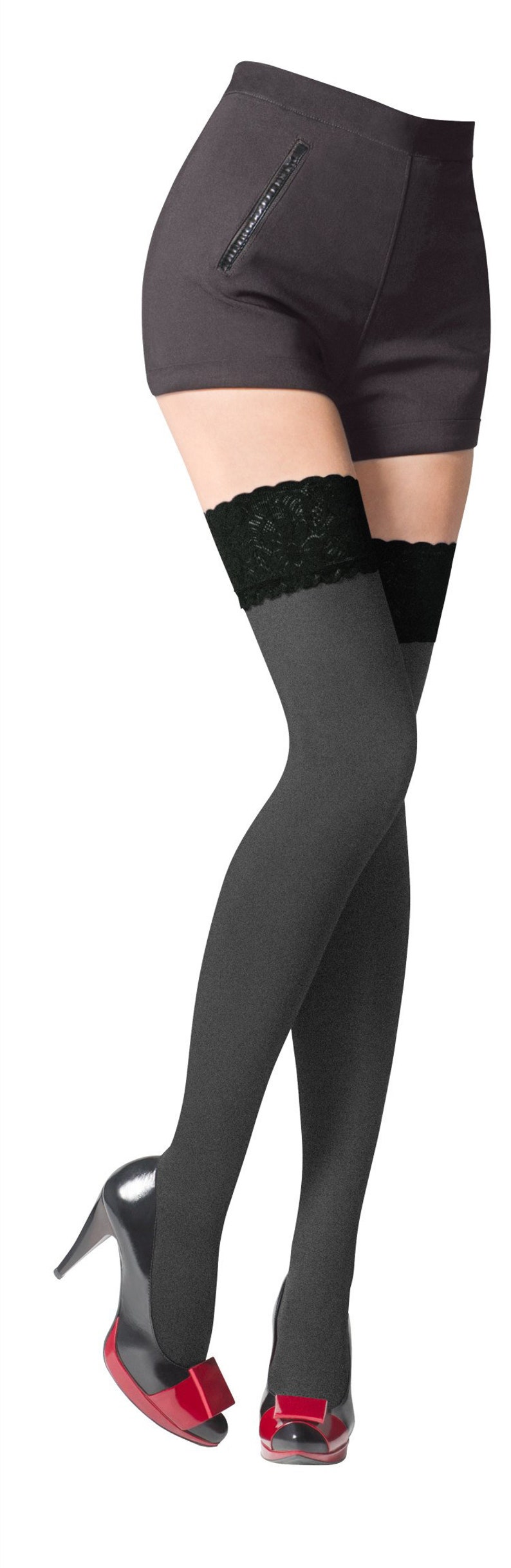 NEW Lace Top 80 Denier Sheer Hold-Ups Stockings by Sentelegri ,9 Various Colours Sizes S-XL Gray