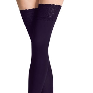 NEW Lace Top 80 Denier Sheer Hold-Ups Stockings by Sentelegri ,9 Various Colours Sizes S-XL Purple