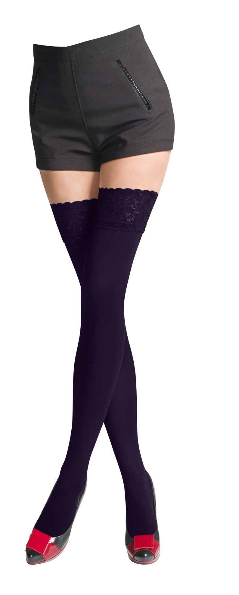 NEW Lace Top 80 Denier Sheer Hold-Ups Stockings by Sentelegri ,9 Various Colours Sizes S-XL Purple